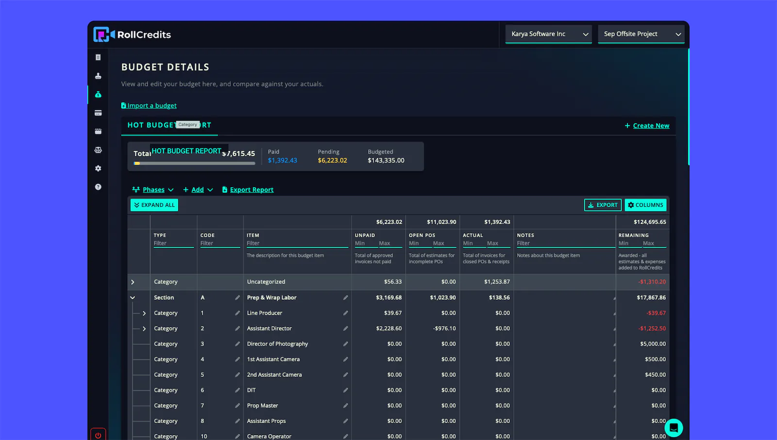 screenshot of RollCredits application on desktop